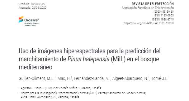 «Uso de imágenes hiperespectrales para la predicción del marchitamiento de Pinus halepensis (Mill.) en el bosque mediterráneo»